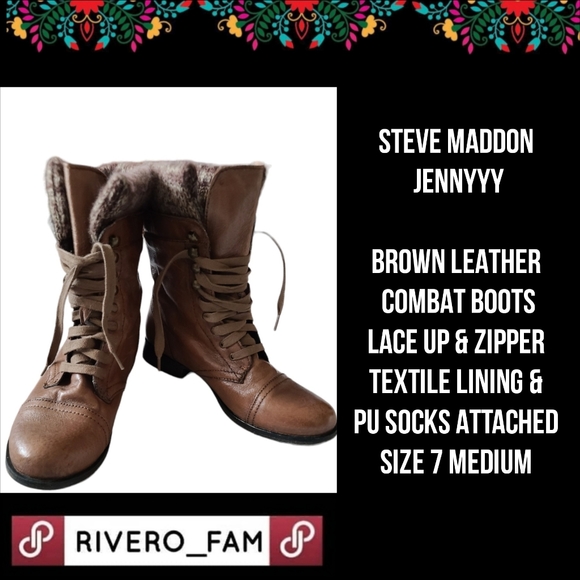 STEVE MADDON JENNYYY BROWN LEATHER COMBAT BOOTS LACE UP & ZIPPER TEXTILE LINING - Picture 1 of 15